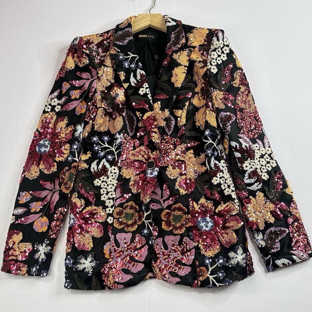 Floral Sequin Blazer Women's Large NWT Black Embellished Evening Party Jacket